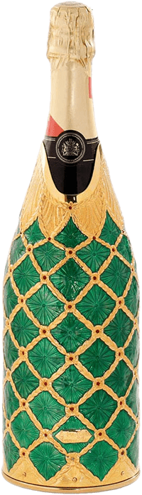 Fabergé Eggs-inspired champagne cover with a rich emerald texture, gold latticework, fine decorative elements and diamonds