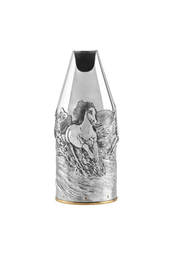 Silver champagne bottle cover with a horse drawing on it