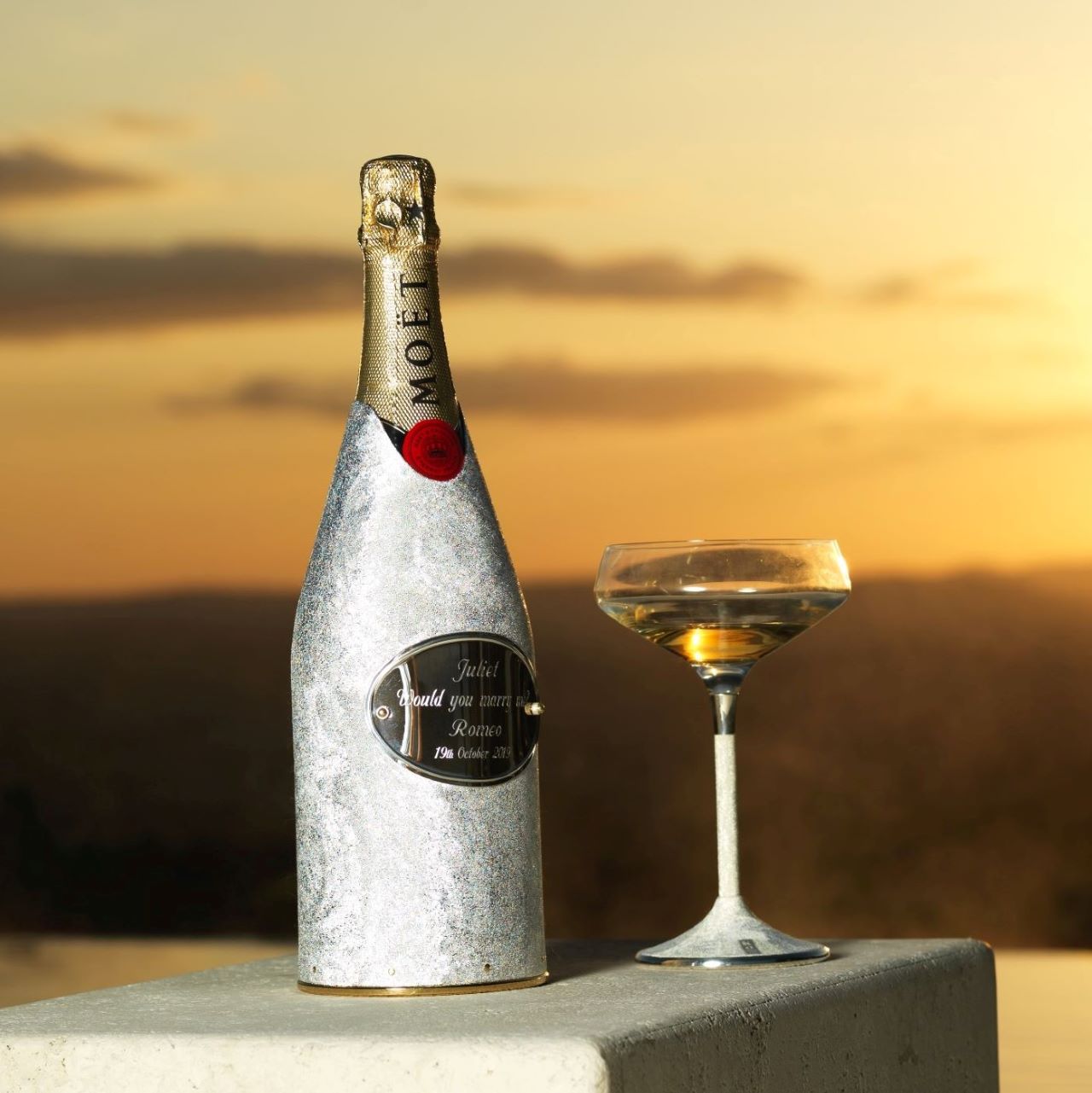Your Moon Champagne bottle cover set with a champagne glass