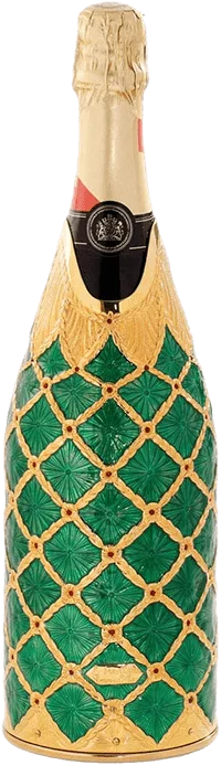 Fabergé Eggs-inspired champagne cover with a rich emerald texture, gold latticework, fine decorative elements and diamonds